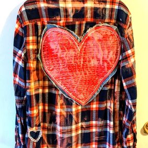 Ladies Boyfriend Flannel Valentine Day Shirt OOAK Slow Stitch Handmade Beads